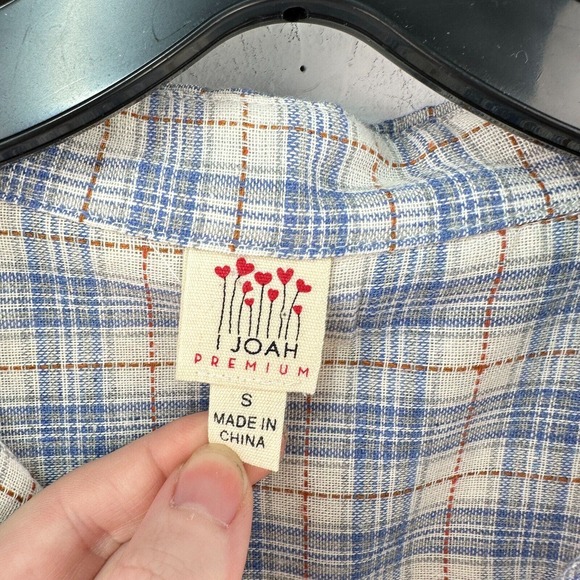 I Joah Premium Shirt Womens‎ S Blue Cream Plaid Button Up Short Sleeve High Low - Picture 6 of 8